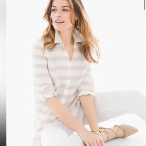 Chicos Linen No Iron Tan White Button Down Preppy Coastal Top Size 2